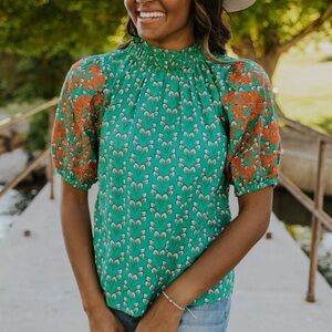 THML Green High Neck Orange Floral Embroidered Button Back Top Sz S